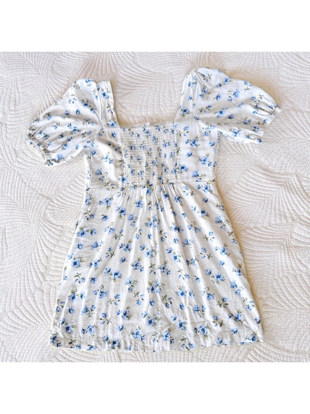 Linen Coquette Cottage Blue Floral Puff-Sleeve Mini Summer Dress Old Navy Sz M - Picture 12 of 17